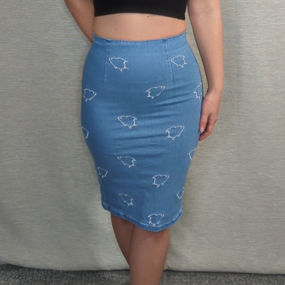 Denim Skirt with flying pig embroidery